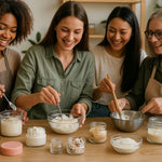 Four women at a table mixing ingredients in bowls, likely in a cooking or baking class.
