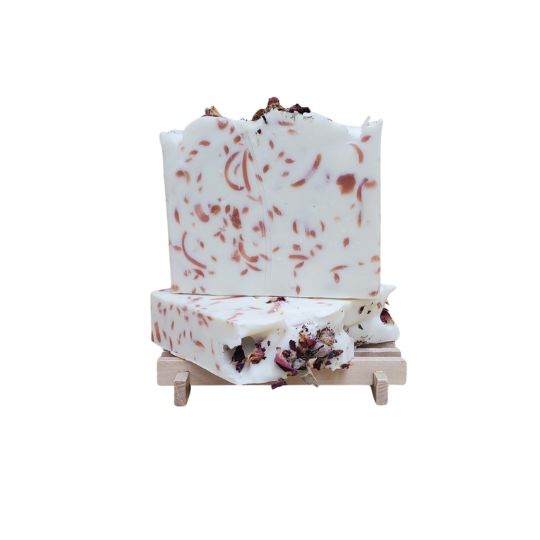 blooming rose handmade bar soap white background