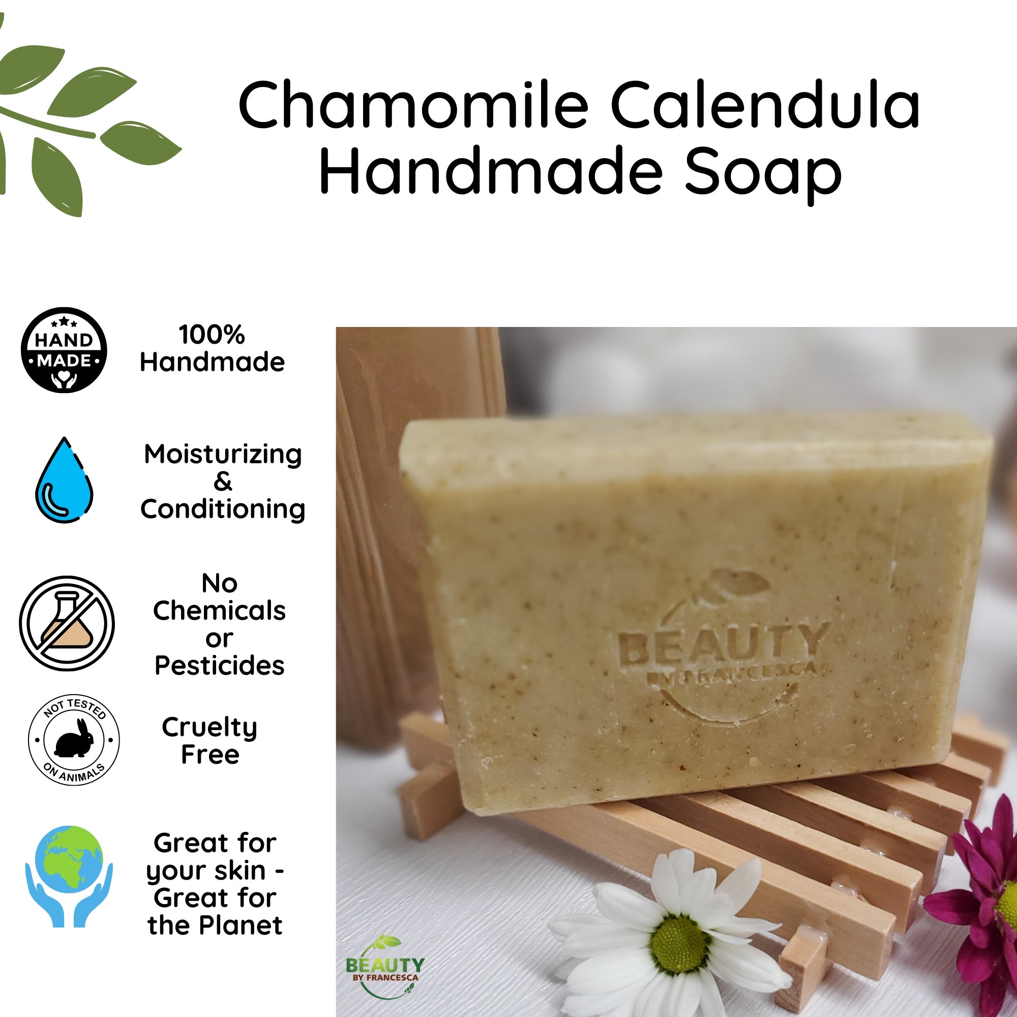 Chamomile Calendula Handmade Soap Benefits Card Great for skin and planet no chemicals