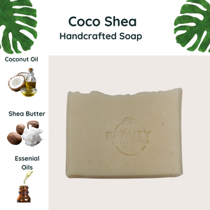 Coco shea handcrafted soap displayed with ingredients card essential oils shea butter coconut oil