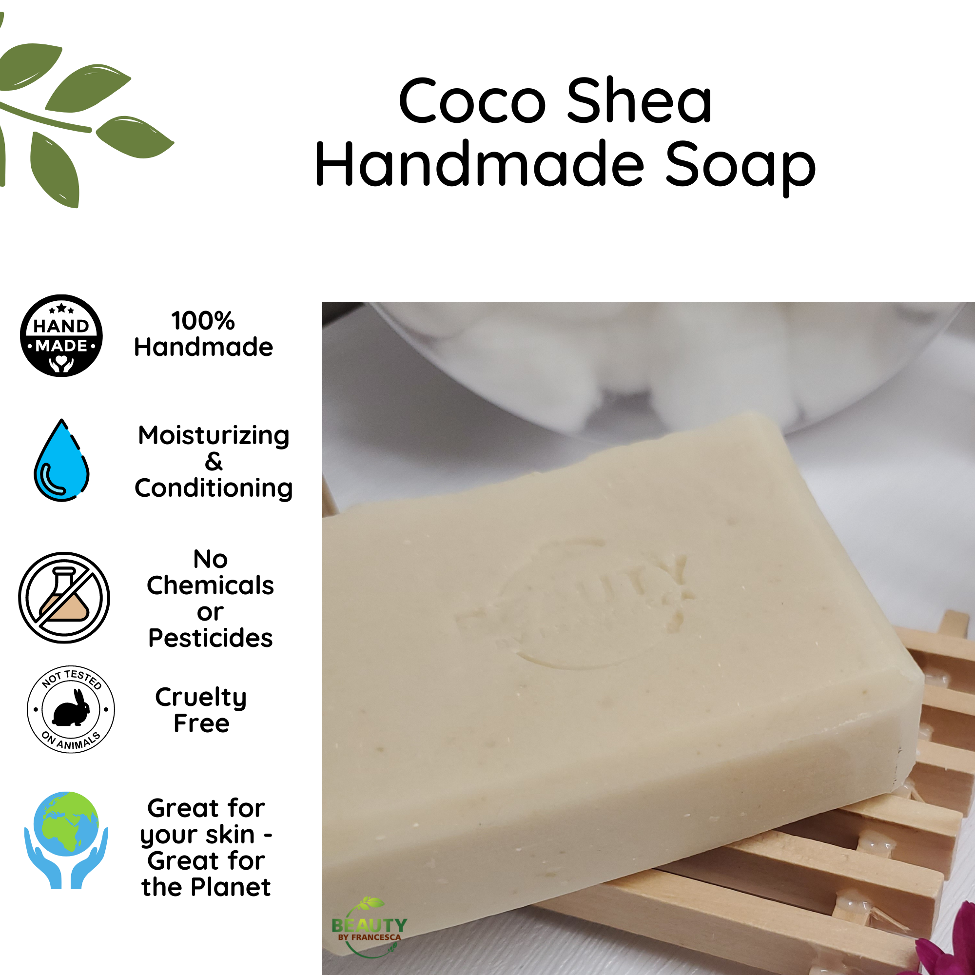 Coco shea handmade soap displayed with benefits card 100% handmade no chemicals
