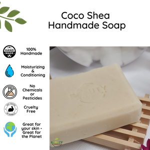 Coco shea handmade soap displayed with benefits card 100% handmade no chemicals