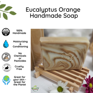 Eucalyptus Orange Handmade Soap Benefits Card Great for skin and planet no chemicals