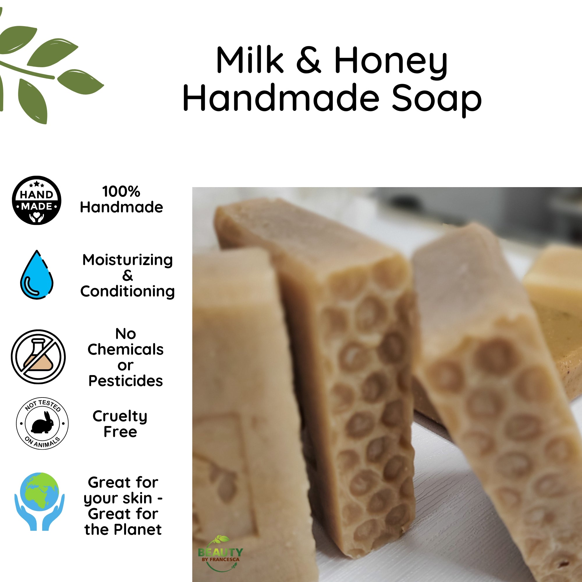Milk and Honey Handmade Soap Benefits Card Great for skin and planet no chemicals