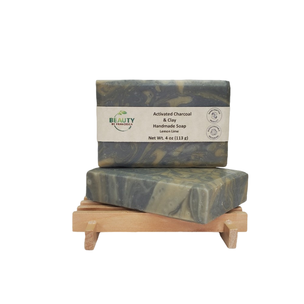 Activated Charcoal  & Clay Handmade Natural Soap Bar  - 2 bars on wood soap dish