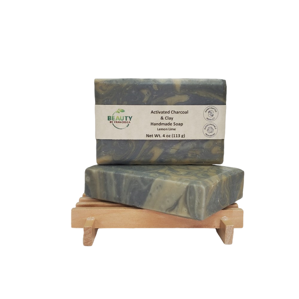 Activated Charcoal & Clay Handmade Natural Soap Bar - 2 bars on wood soap dish