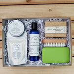 hands and nails gift set with hand soak, cuticle balm, nail brush, manicure set, hand lotion and honey oatmeal chai soap