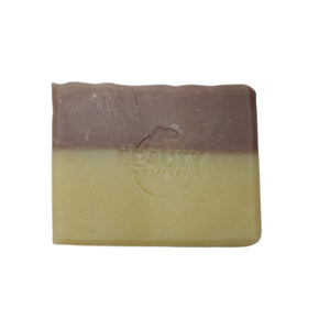 4 ounce Lavender Soap dual colored purple top tan bottom with brand stamp in middle