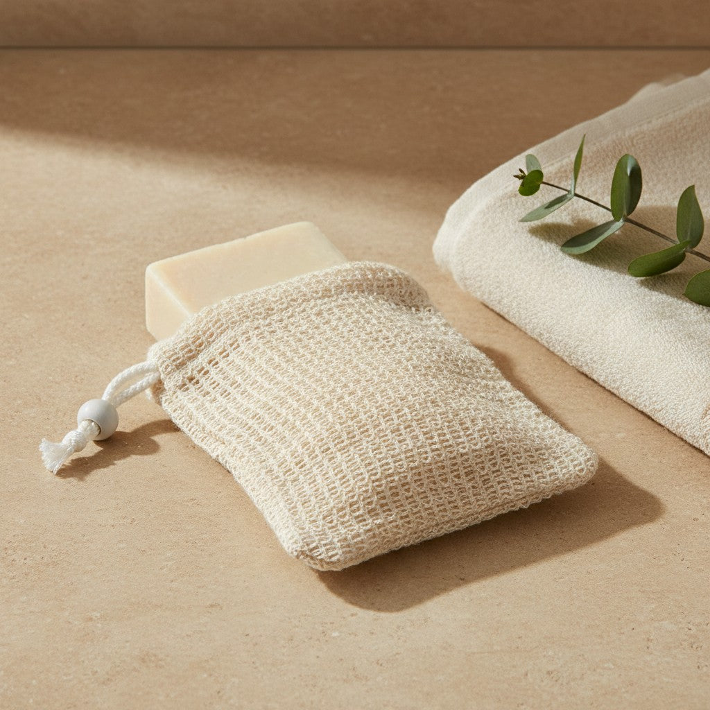 Large sisal soap saver pouch with a bar of soap tucked inside