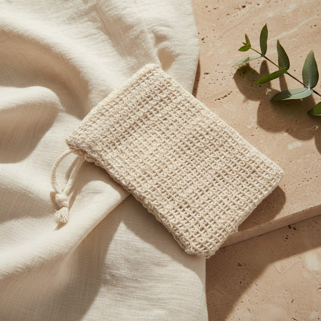 Small 3.5 x 5.5 inch sisal soap saver pouch on linen