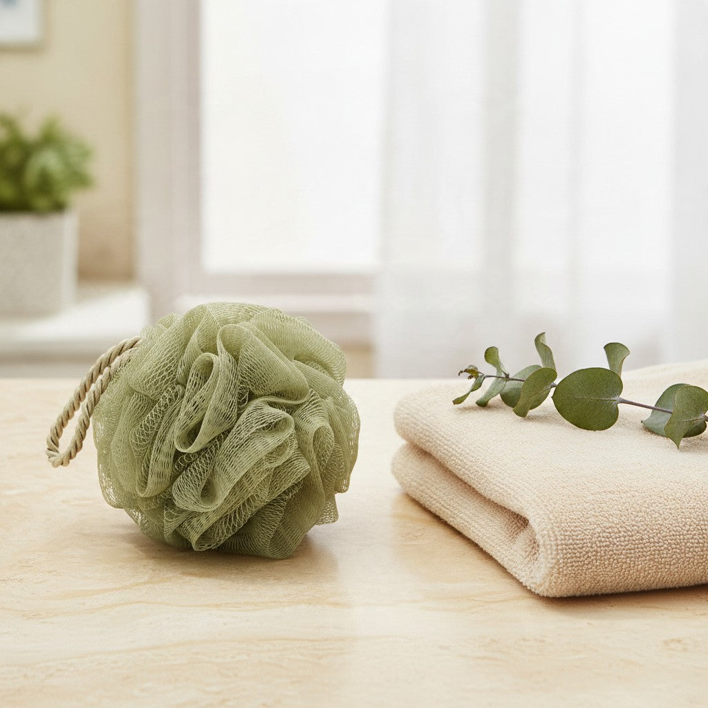 Sage green mesh bath pouf with a cord loop