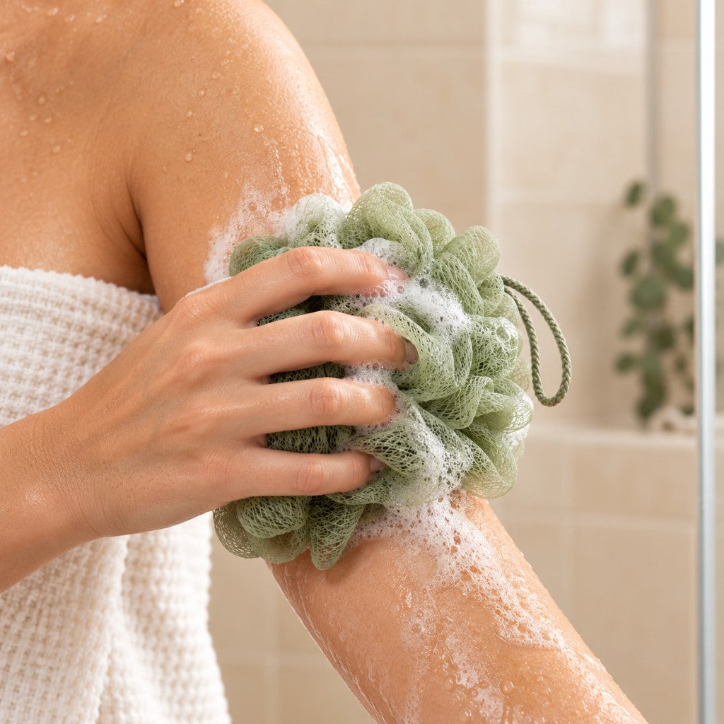 Sage green mesh bath pouf with lather in the shower