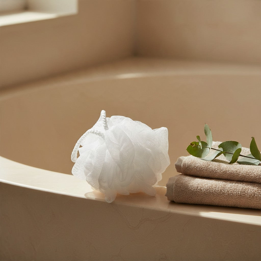 White mesh bath pouf on the edge of a tub