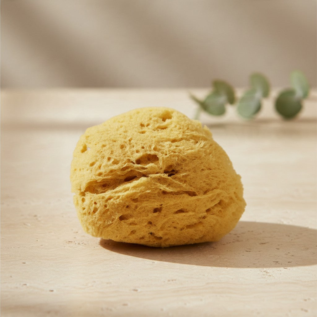 Natural sea sponge on warm neutral spa surface