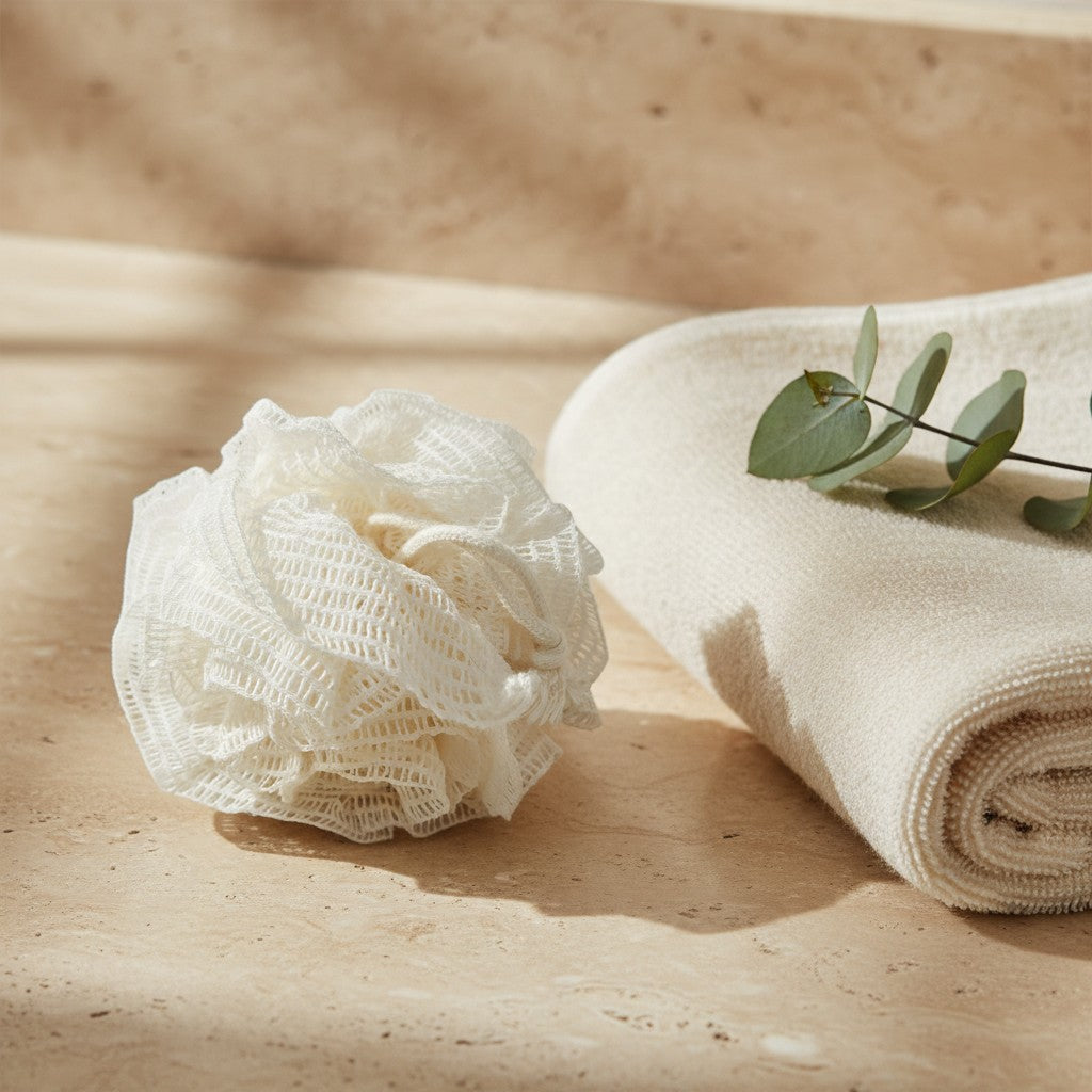 Natural ramie body pouf styled on a spa surface