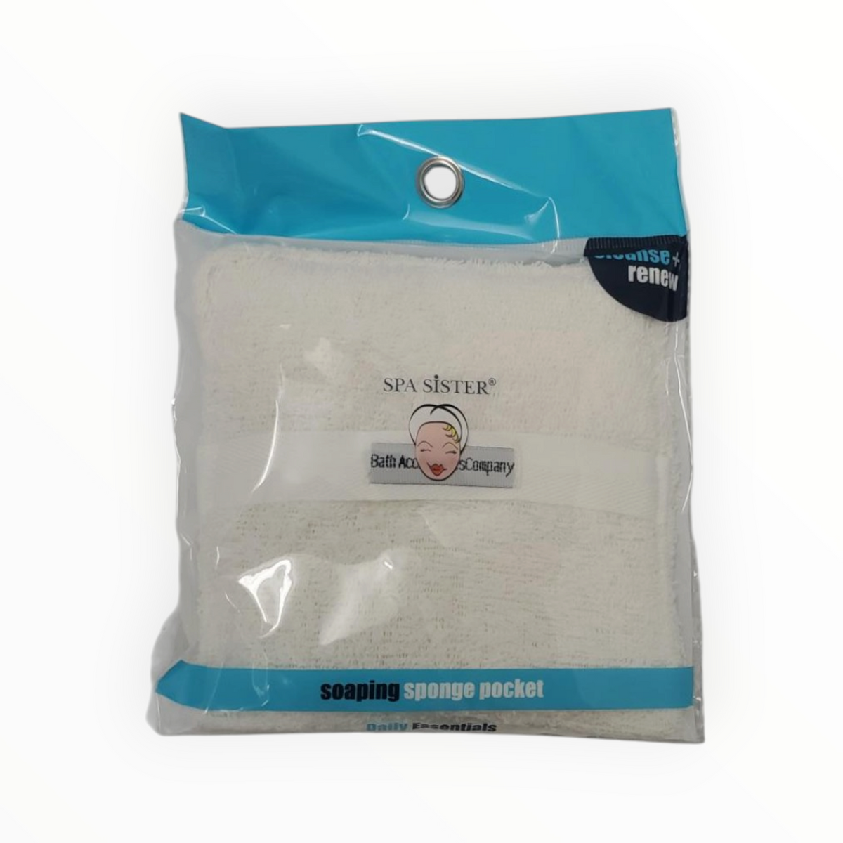 Spa Sister white soaping sponge pocket in original retail packaging on white background