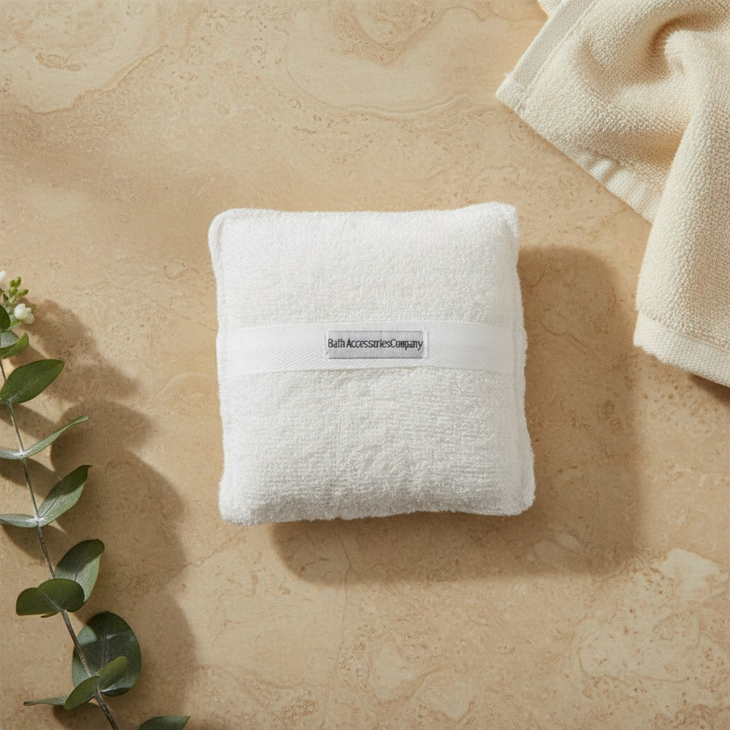 White soaping sponge pocket on a neutral spa-inspired surface