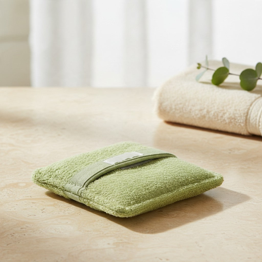Green soaping sponge pocket in a spa setting