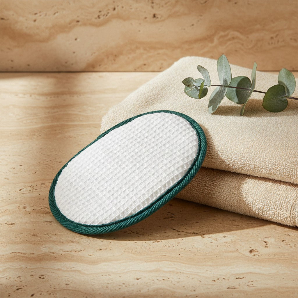 Waffle-weave body wash pad with dark green trim