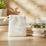 White mesh Bubble Maker soap net with drawstring