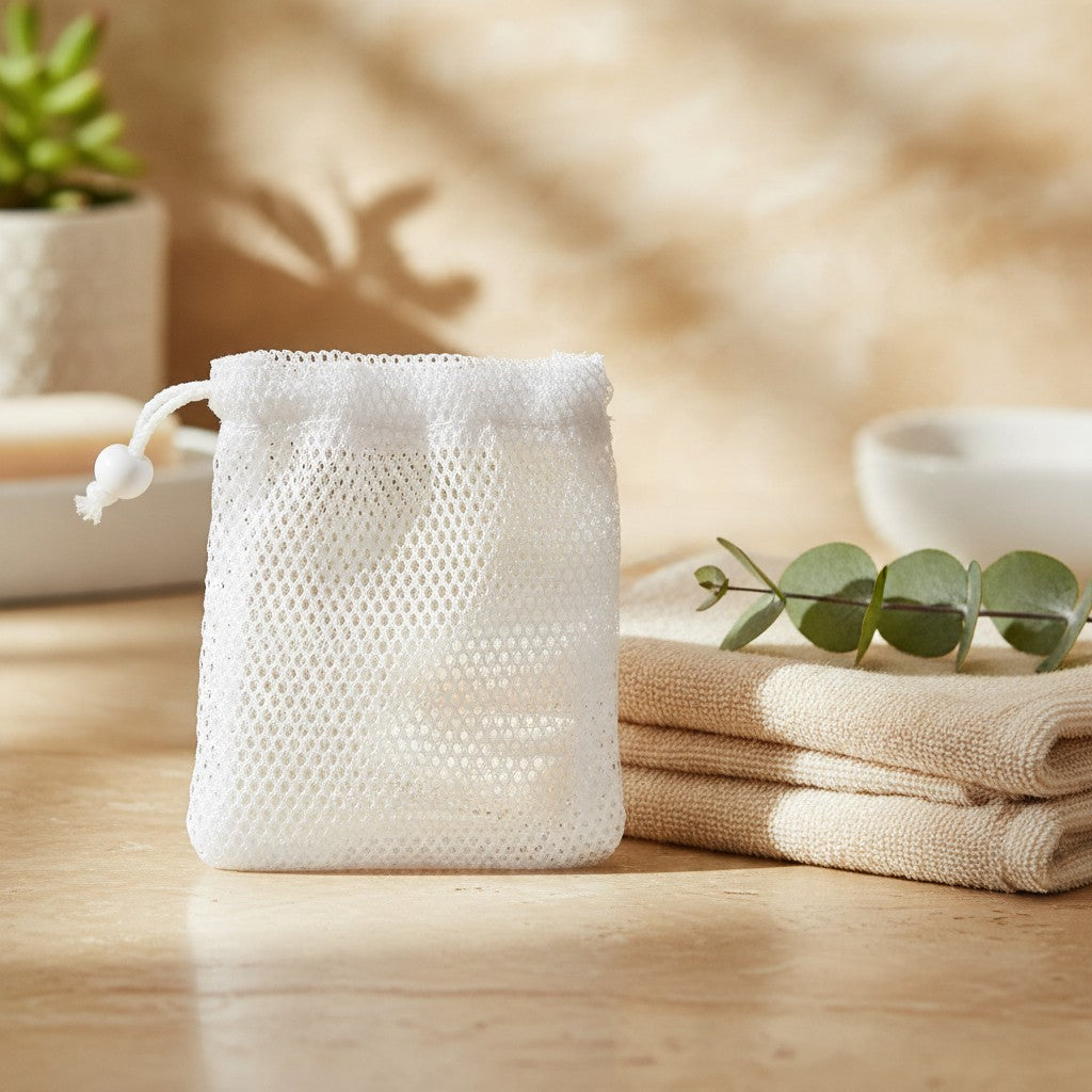 White mesh Bubble Maker soap net with drawstring