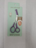 Purple brow trimming scissors in retail packaging