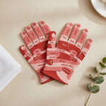 Pink and red reflexology gloves printed with a hand map