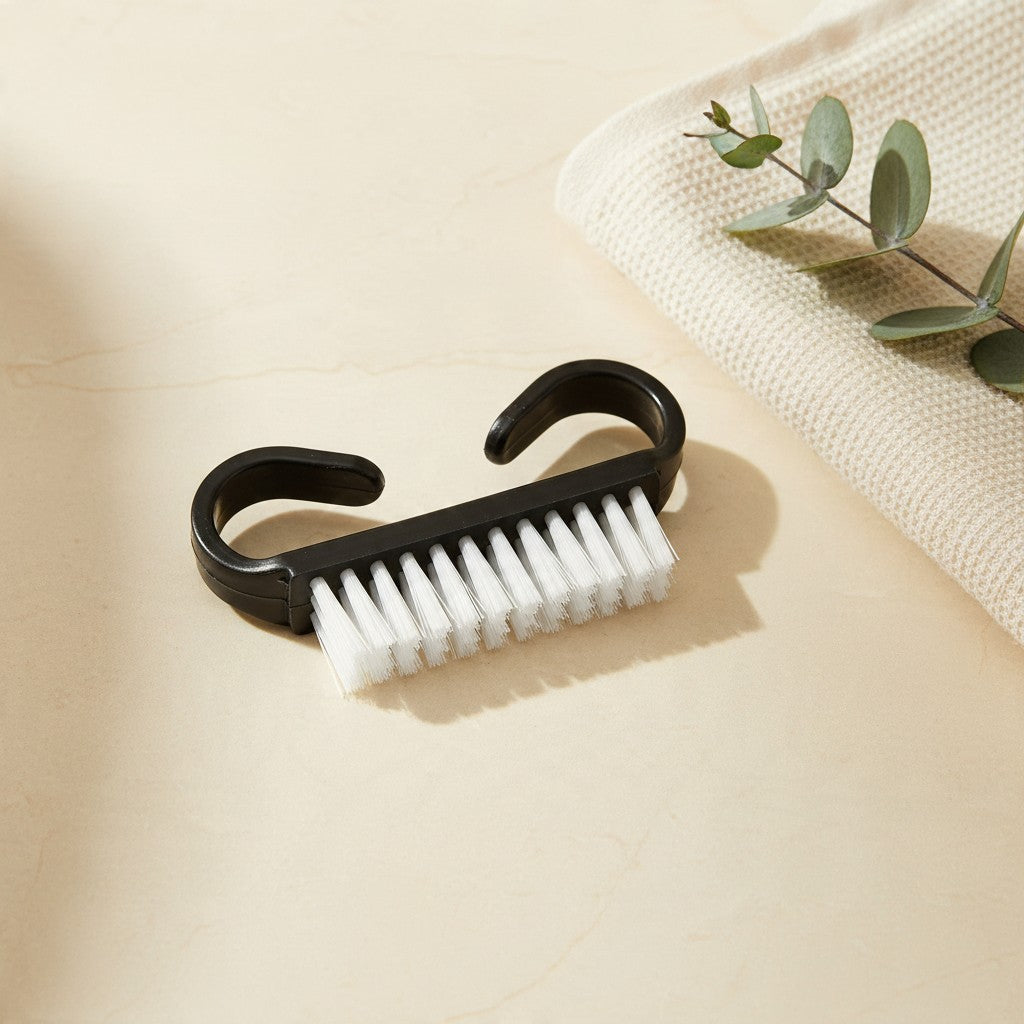 Black nail brush with curved handle and white bristles