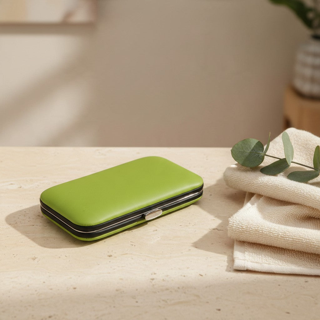 Green travel manicure set case, closed