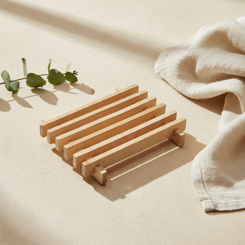 Rectangular slatted wooden soap dish on a warm neutral spa surface