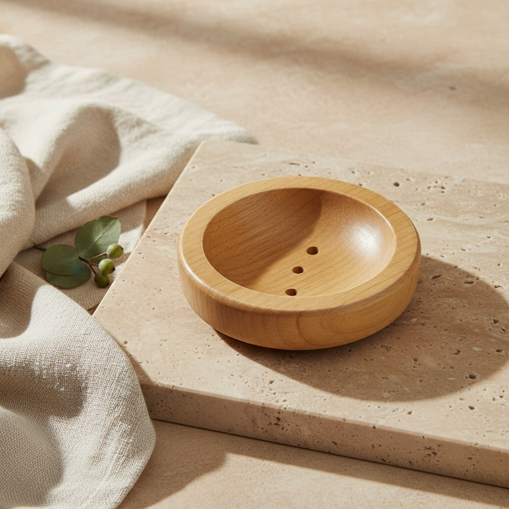 Round wooden soap dish with three drainage holes on a stone tray