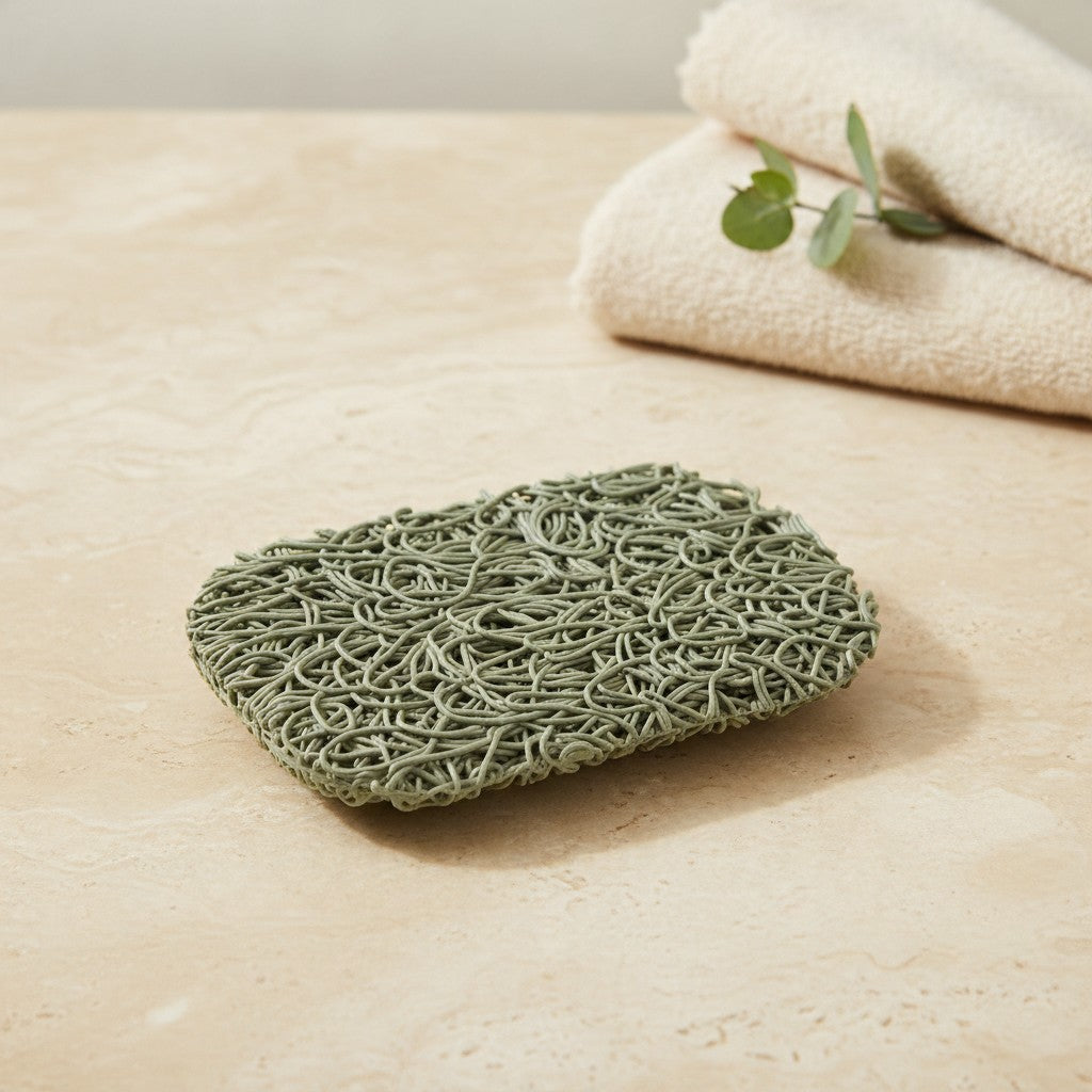 Sage green soap lift with an open looped texture on a stone surface
