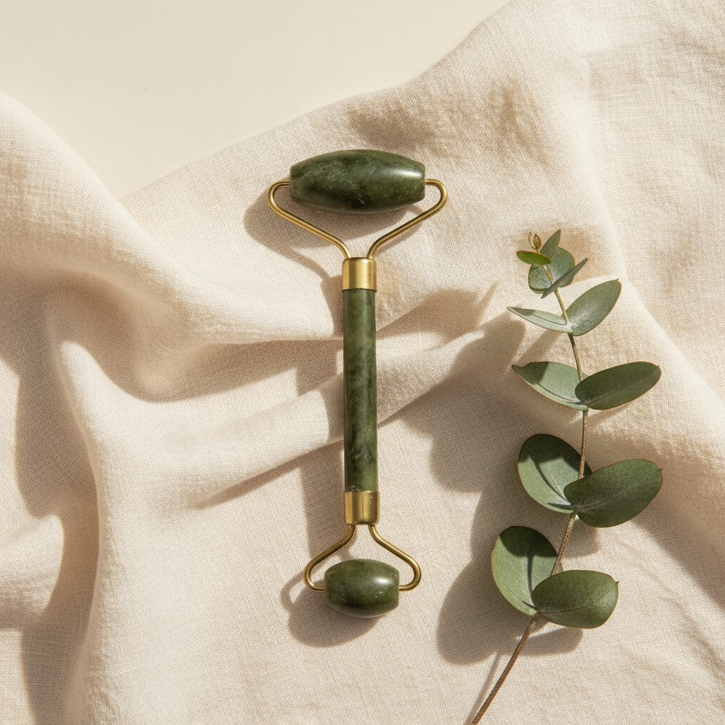 Double-ended jade facial roller in a spa setting