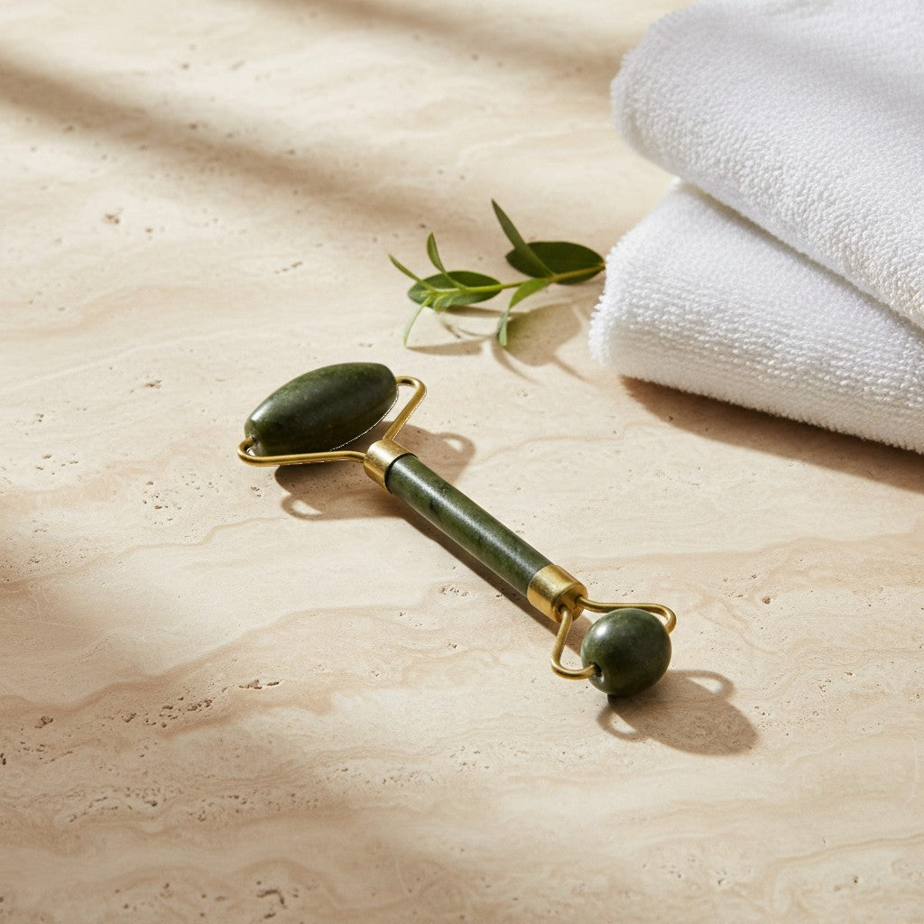 Jade facial roller resting on stone