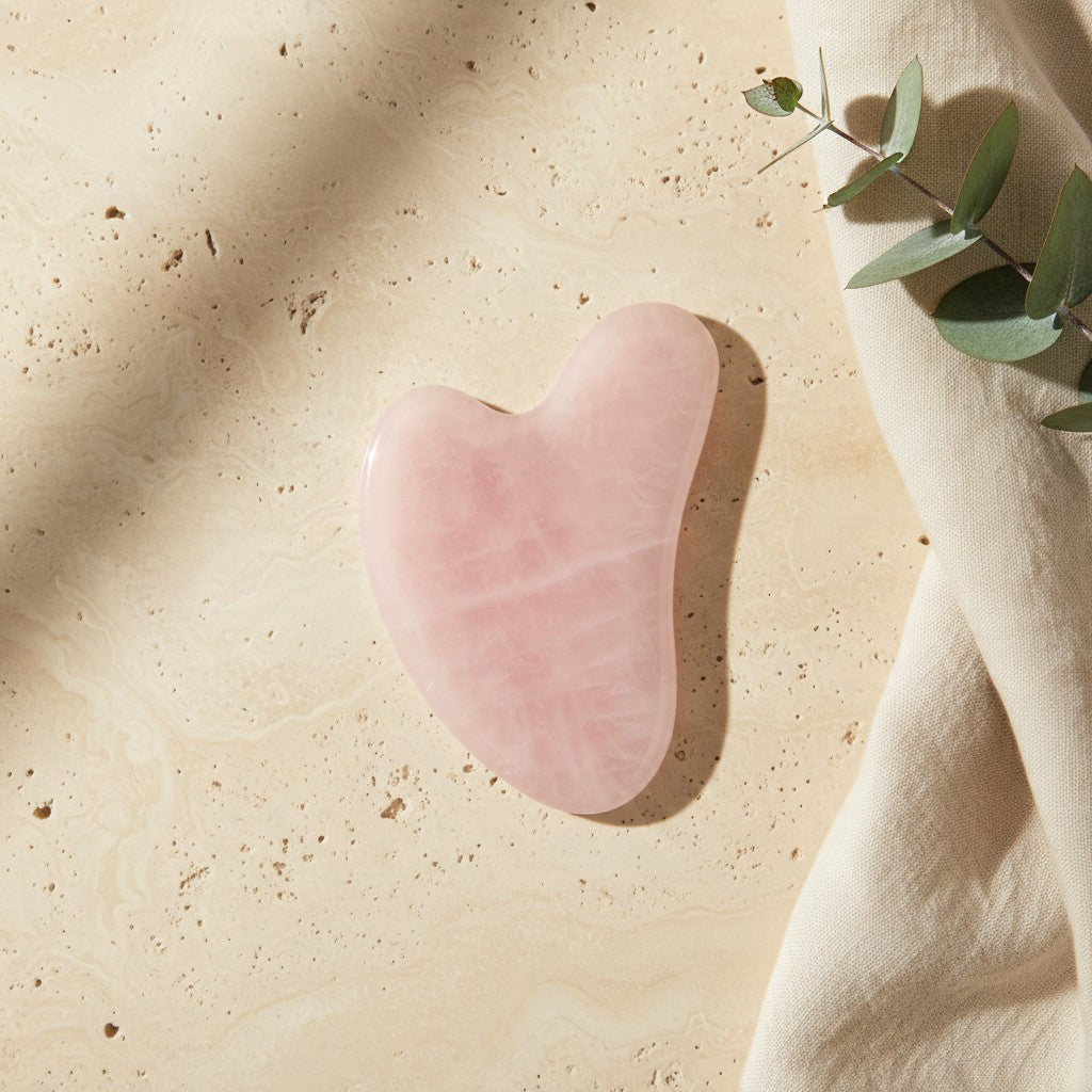 Heart-shaped rose quartz gua sha in a spa setting