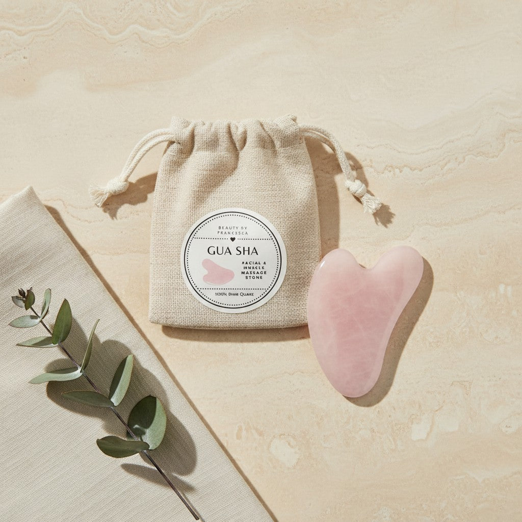 Rose quartz gua sha with its linen pouch and massage guide