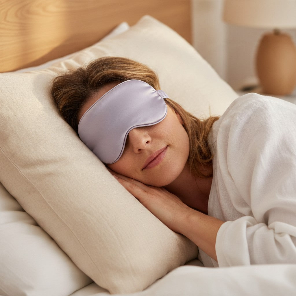 Woman sleeping in the Deep Slumber lilac satin sleep mask