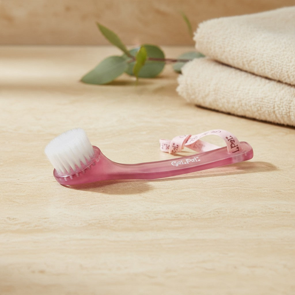 Pink facial cleansing brush, side view