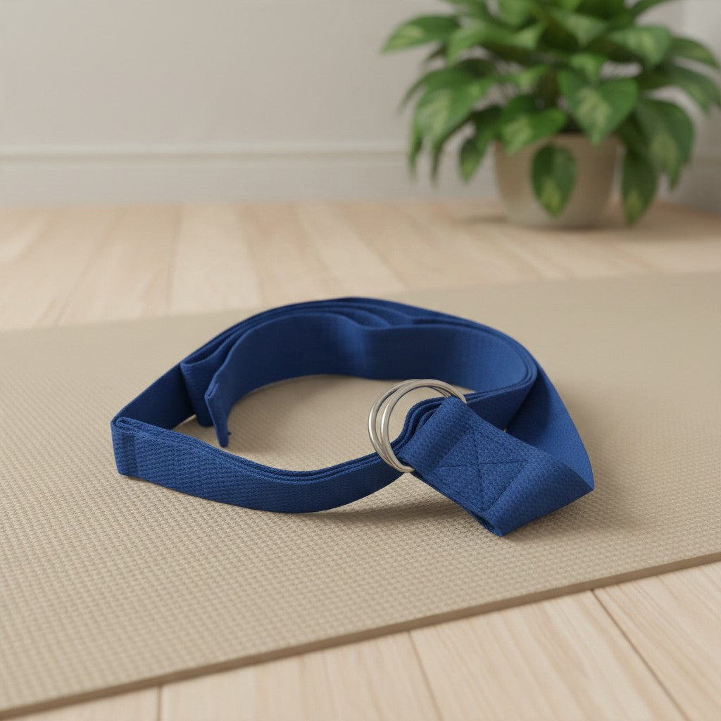 Blue yoga strap with D-ring