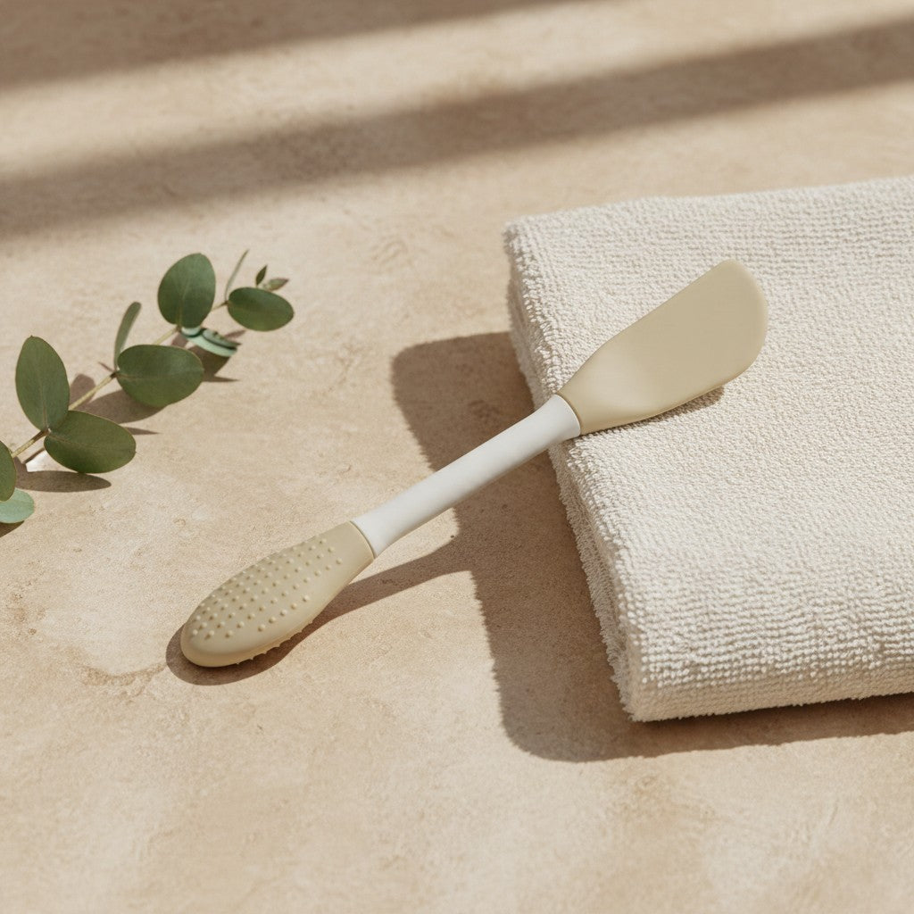 Silicone mask applicator showing the spatula and textured ends