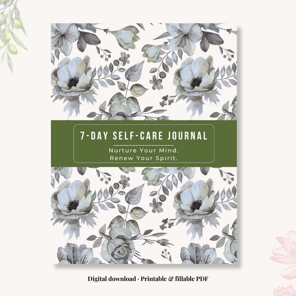 7-Day Self-Care Journal cover with floral design and text on a white background