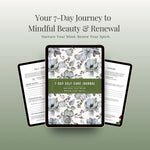 7-Day Self-Care Journal with floral design displayed on a tablet with sample pages with a green background