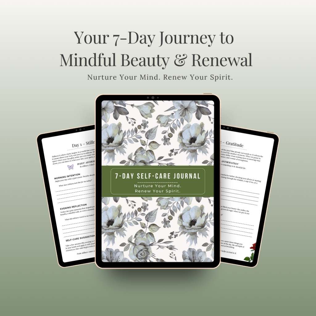 7-Day Self-Care Journal with floral design displayed on a tablet with sample pages with a green background