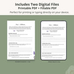 7-Day Self-Care Journal featuring two example digital files  - one for printing and one for typing on a green background