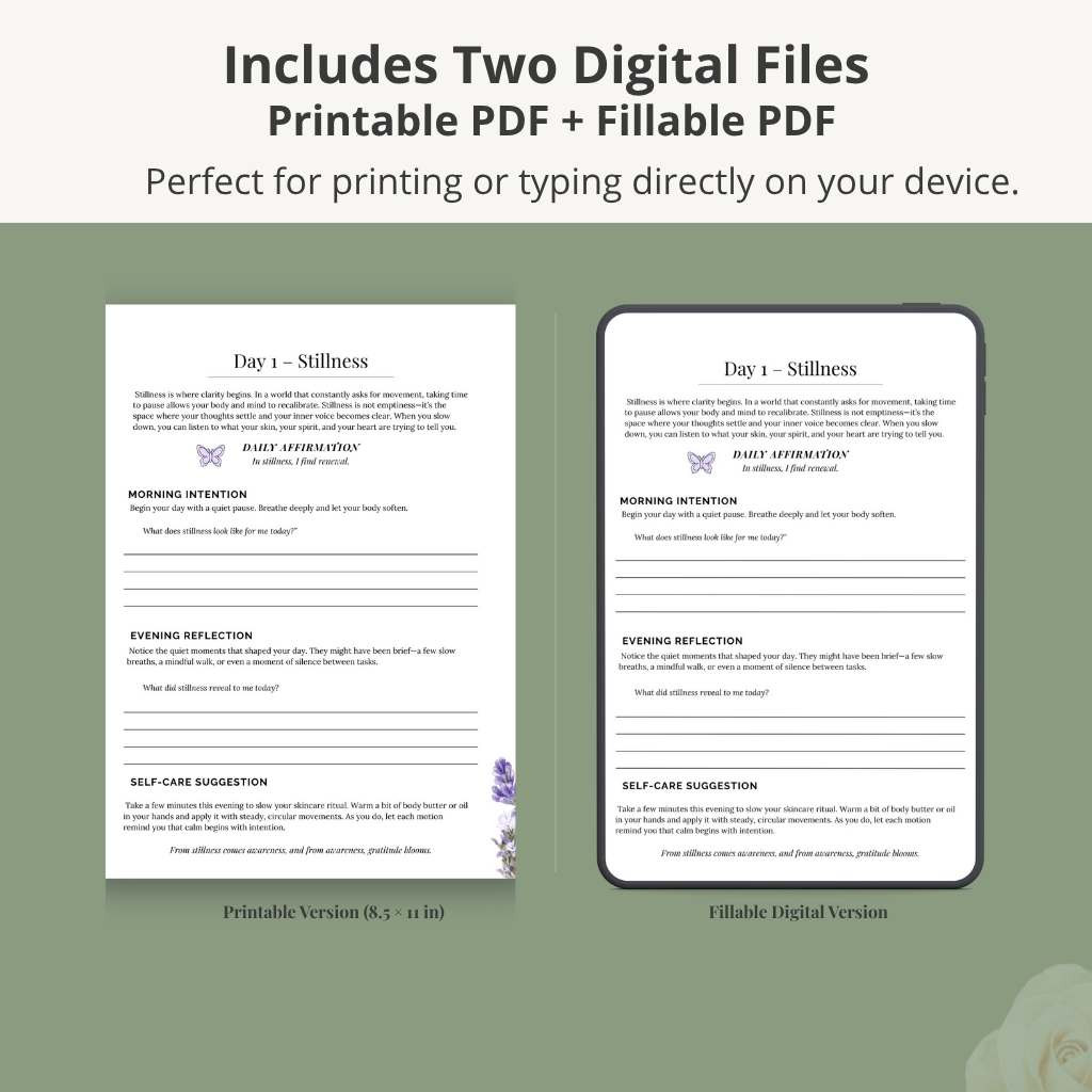 7-Day Self-Care Journal featuring two example digital files  - one for printing and one for typing on a green background