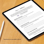 Digital tablet displaying a sample page from the 7-Day Self- Care Journal on a wooden surface with a stylus.