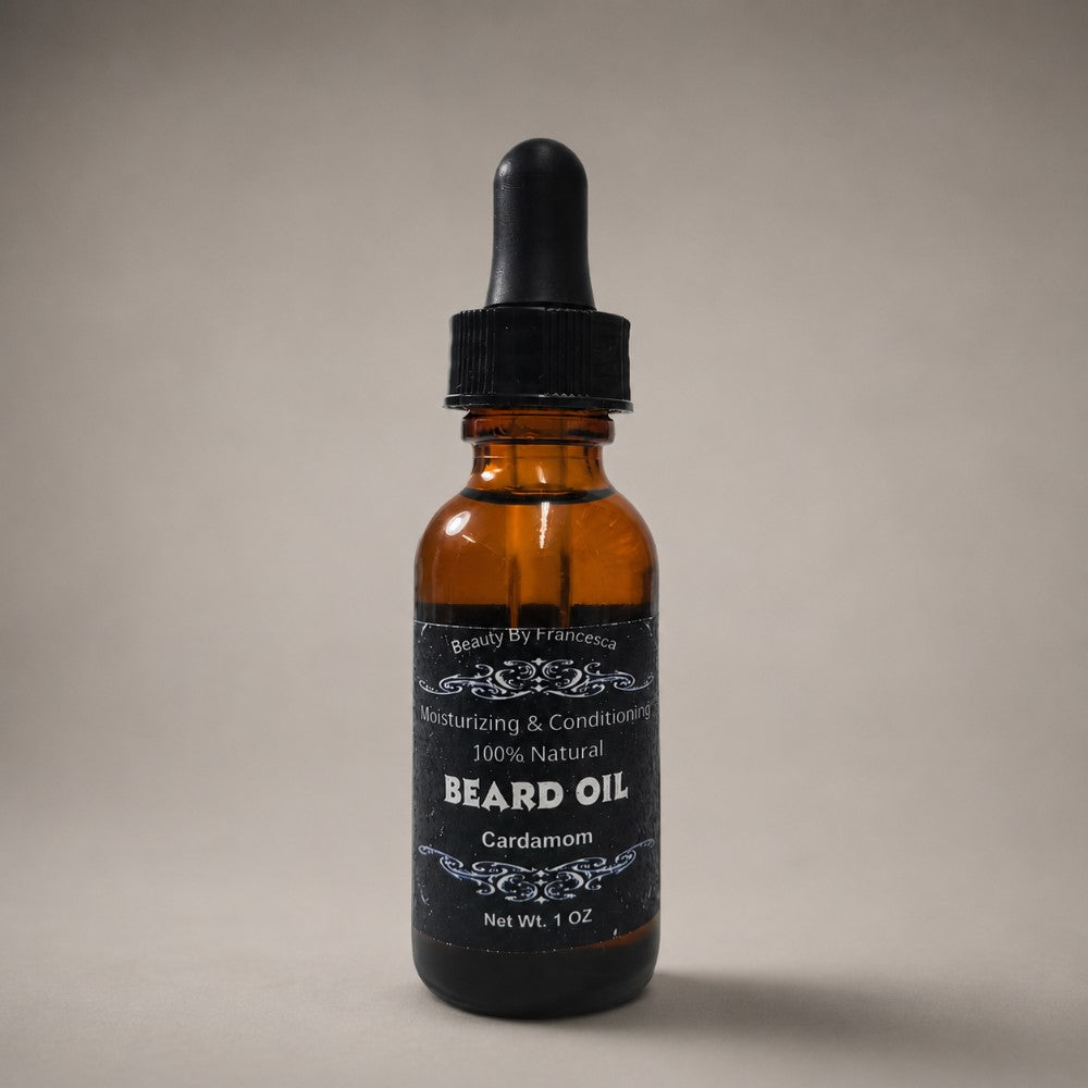 Cardamom Beard Oil against grey backdrop