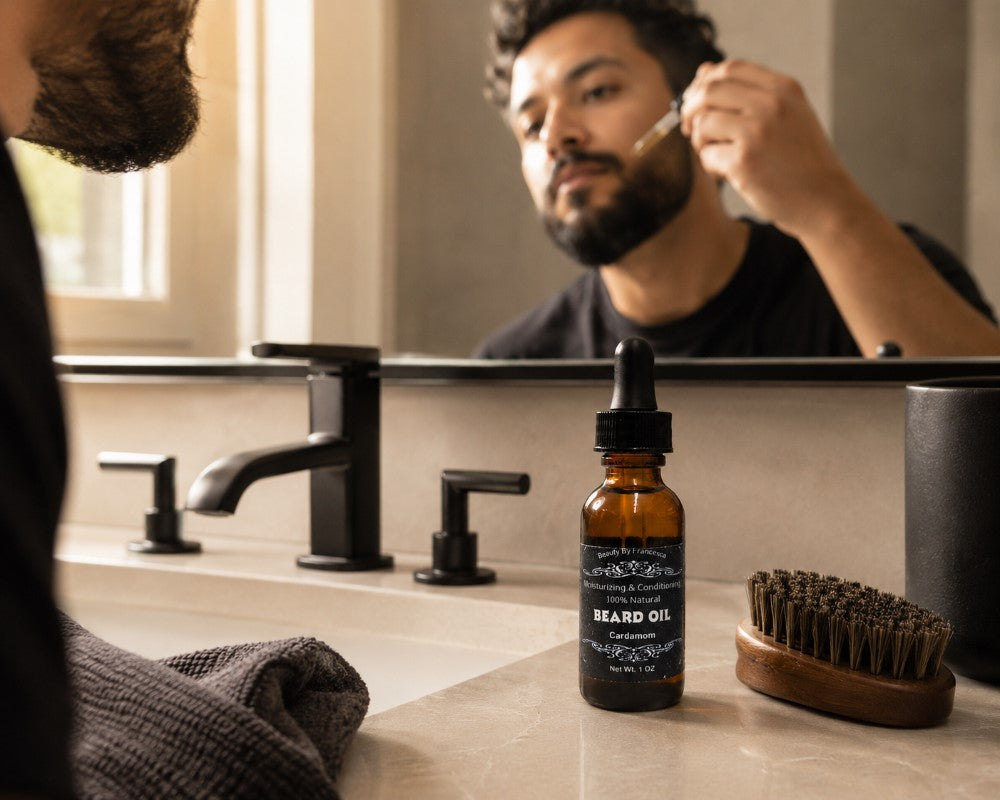 man applying Cardamom Beard Oil 