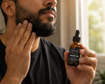 man stroking beard and holding Cardamom Beard Oil 