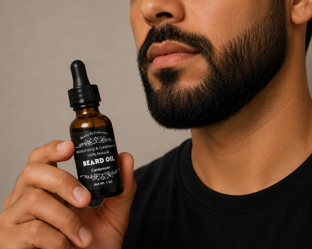 man holding  bottle of Cardamom Beard Oil 